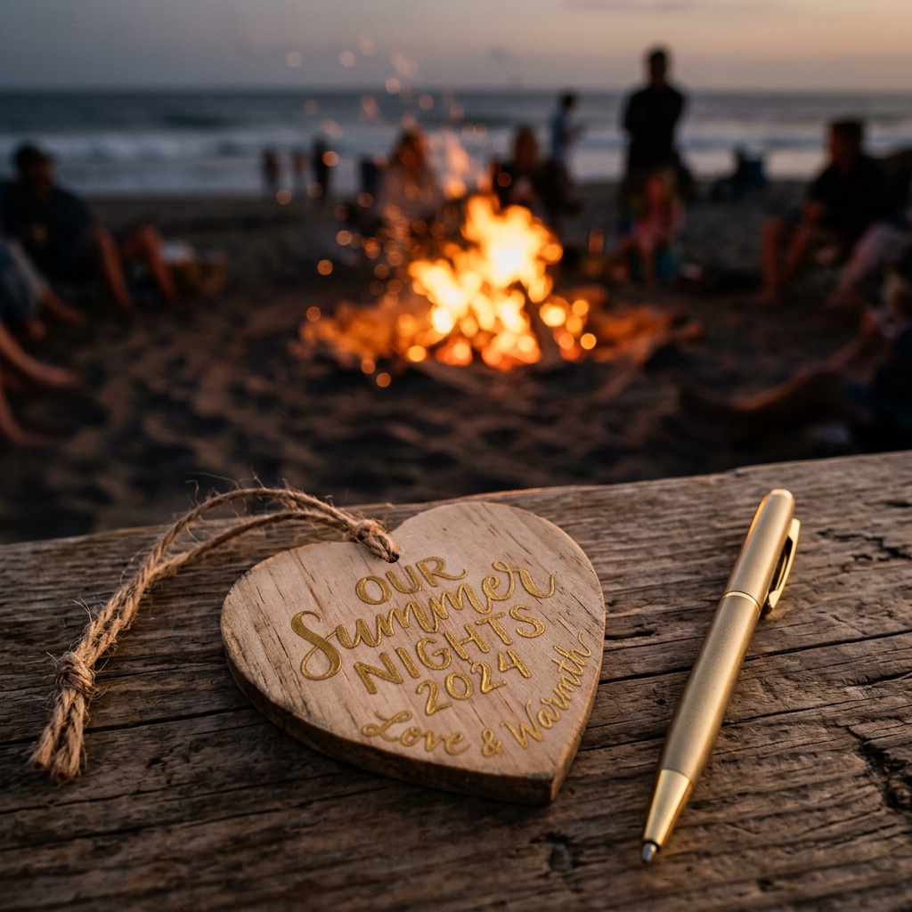 Handwritten gold ink details on the Beachin' Bob's keepsake ornament, with a warm bonfire glow in the background